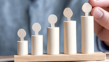 Hand placing wooden figure on ascending bar graph, symbolizing growth and progress