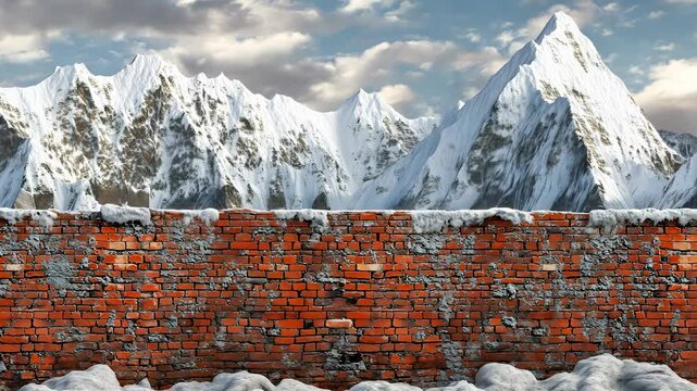 Red brick wall with snow on it. Snowy mountains with a brick wall. Clouds and nature light in the sky. Snow-covered red brick wall lifestyle.