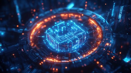 Futuristic Digital Technology Concept with Neon Blue and Orange Lights
