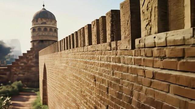 Brick wall with tower in the background. Brick wall with pattern of bricks. A tree with leaves and a background light. A tower positioned behind a brick lifestyle wall.