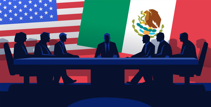 Trade negotiation meeting concept silhouettes of people at a conference table with USA and Mexico flags in the background international relations