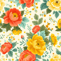 A vibrant floral pattern featuring colorful roses and leaves on a light background.