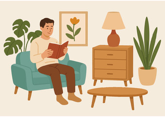おしゃれで温かいインテリア,男性が本を読んでいるイラスト