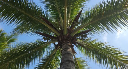 Fototapeta premium 青空の下輝くヤシの木 鮮やかな緑葉と幹 爽快な構図