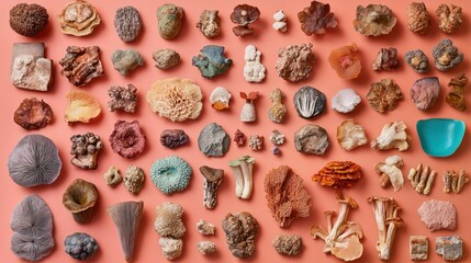 Fototapeta premium Coral, fungi, mineral collection, flatlay, peach background, science