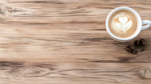 Latte art in white cup on wood