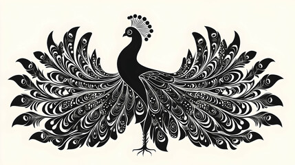 Fototapeta premium A stylized black peacock with intricately detailed open feathers