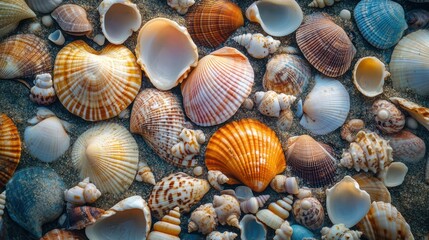 Seashells scattered on beach sand, ocean background, summer texture