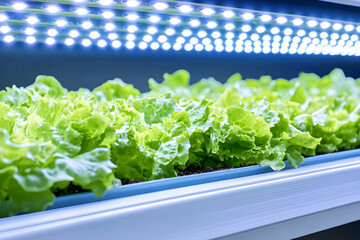 Lush green lettuce growing under LED grow lights in a hydroponic system