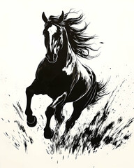 A dynamic illustration of a black horse galloping forward energetically