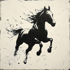 A majestic black horse leaping dynamically across a blank canvas