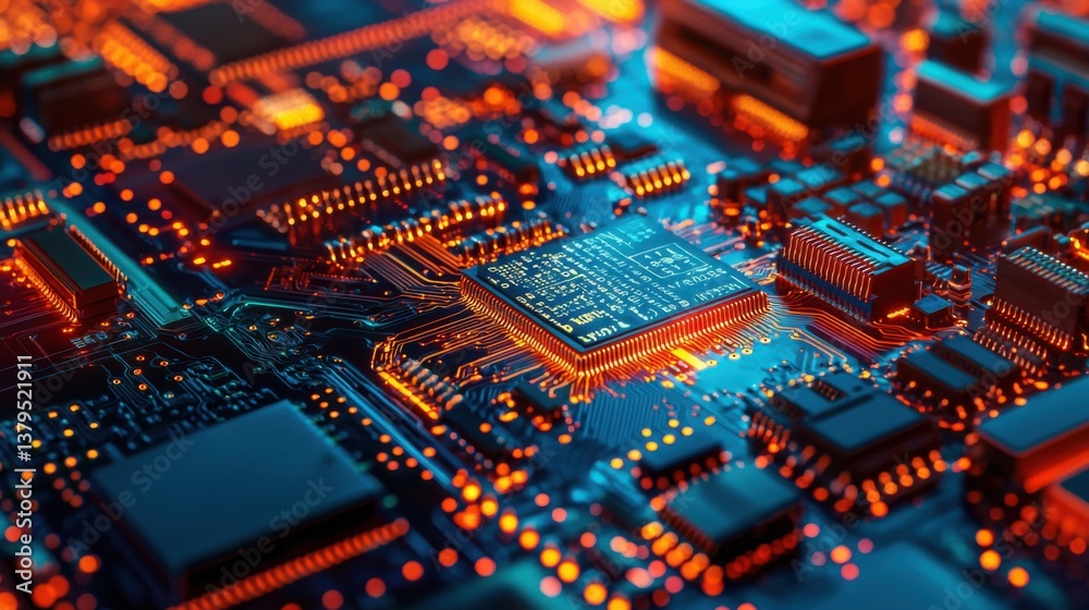 Poster abstract circuit board with red light creating a tech flow in gradient style representing modern tec