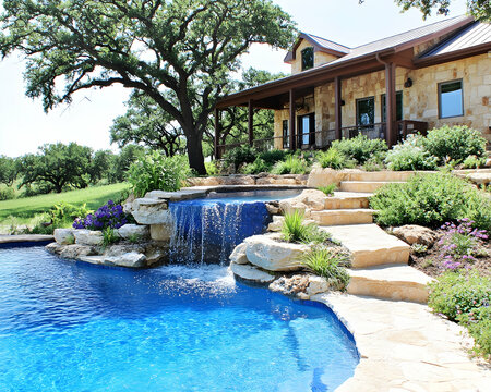 Luxurious backyard oasis with a stone waterfall cascading into a blue pool, leading to a charming stone house