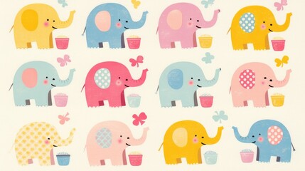 lino cut of a cute lao, thai themed symmetrical pattern background, include in the pattern elephants, bowls of rice, four leaf clovers, pots of gold, and other st patrick themed items, use bright, hap