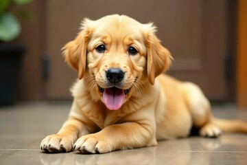 Golden Retriever puppy lies down, looking playful , photography, doggy