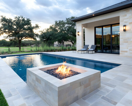 Luxurious backyard oasis with a rectangular pool, fire pit, and lounge chairs, set against a serene landscape at dusk