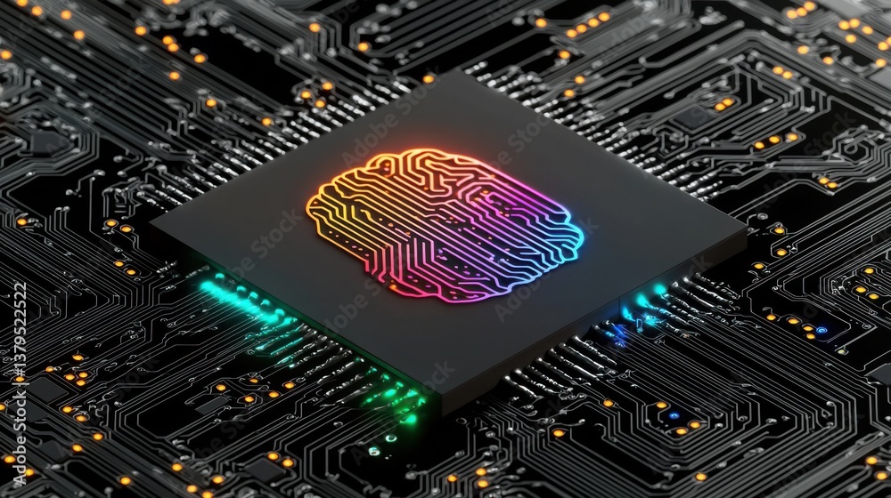 Poster circuit board with a brain chip floating in a futuristic setting surrounded by bright lights and tec
