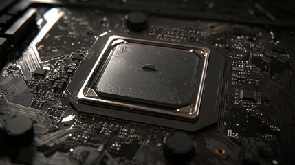 Close-up view of a cpu mounted on a motherboard illustrating modern technology and advanced electronic design