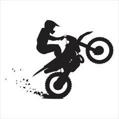 silhouette of motorcycle rider performing trick on white background, Motocross Silhouette Vector stock illustrator, Silhouette of a motocross rider doing a freestyle stunt in the air Vector