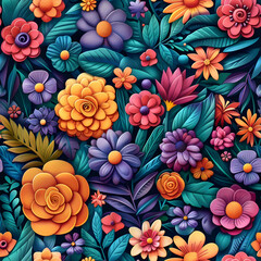 Fototapeta premium A vibrant floral pattern featuring various colorful flowers and leaves.