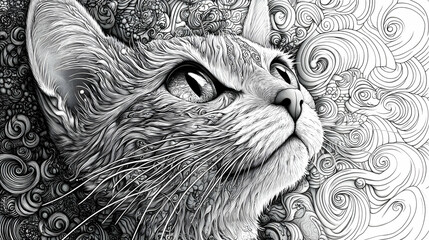 Fototapeta premium Intricate Black and White Illustration Depicting the Face of a Cat