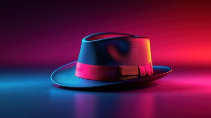 Stylish fedora hat in vibrant neon light, studio shot