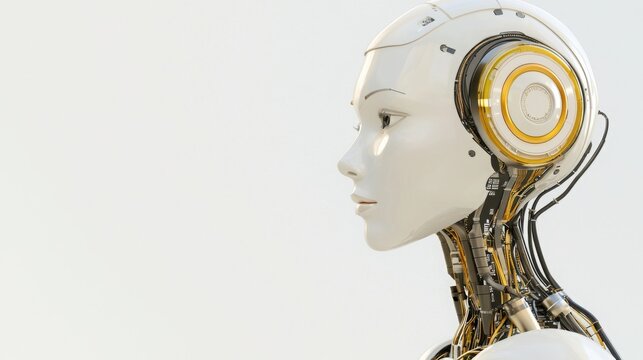 Intricate robot head with exposed circuits and futuristic design showcasing advanced artificial intelligence technology