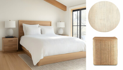 Minimalist bedroom with light wood bed, white bedding, and woven side table