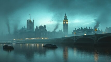 Cityscape View of Buildings and River with Dark Moody Atmosphere