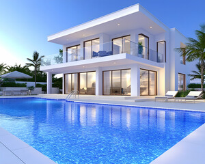 Fototapeta premium Modern two-story house with pool at dusk