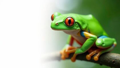 Naklejka premium Green tree frog perched on white, vibrant skin, animal, green, reptile