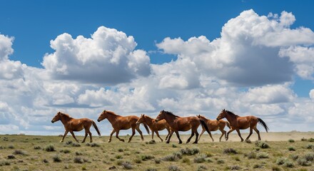 草原駆け抜ける野生の馬たち 輝く陽光浴びて