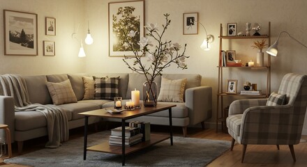 Fototapeta premium 温かい光が包む、落ち着いた空間 心地よい色合いの家具と植物