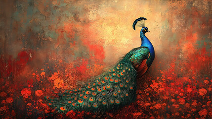 A beautiful peacock is standing in a vibrant flower garden