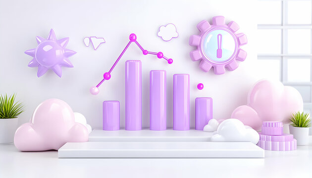 Pastel 3D render of declining bar graph with sun, clouds & gears