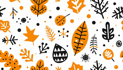 A vibrant pattern featuring autumn leaves and shapes in orange, black, and white.