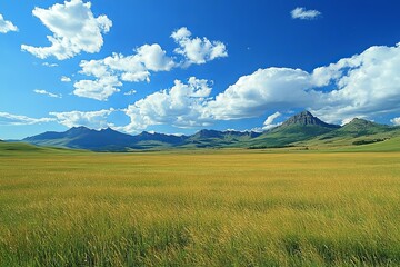 Obraz premium Vast green and yellow field with mountain range in background