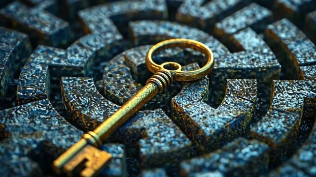 Antique key in a stone maze; unlocking solutions; conceptual image; stock photo