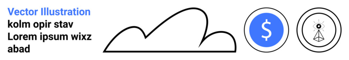 Obraz premium Cloud icon with black outline paired with a blue dollar sign and a minimalist target in circles. Ideal for finance, technology, innovation, business, goal setting, planning, simple landing page