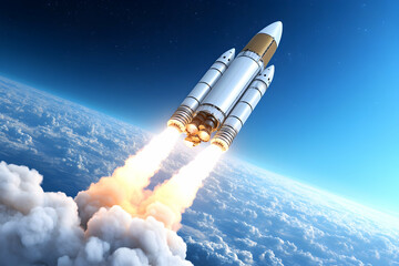 Fototapeta premium Rocket launch ascending through clouds into space