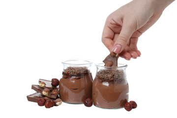 PNG, chocolate mousse in a jar, isolated on white background.
