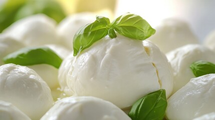 Fresh Mozzarella Cheese Balls with Basil Leaves Macro Food Photography