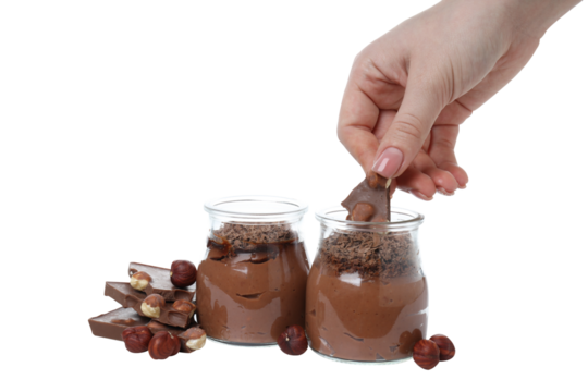 PNG, chocolate mousse in a jar, isolated on white background. - Powered by Adobe