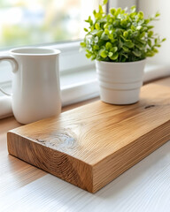 Rustic wooden shelf with mug and plant