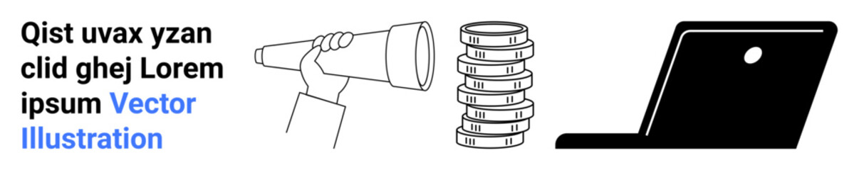 Person using a telescope, coins symbolizing wealth, and laptop representing technology. Ideal for finance, online business, technology, investment, planning, strategy simple landing page