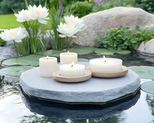 Serene floating candles on stone, nestled amongst lily pads and rocks in a tranquil garden pond