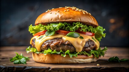 Mouthwatering Close-Up Shot of a Charred Burger with Melty Cheese and Fresh Toppings

