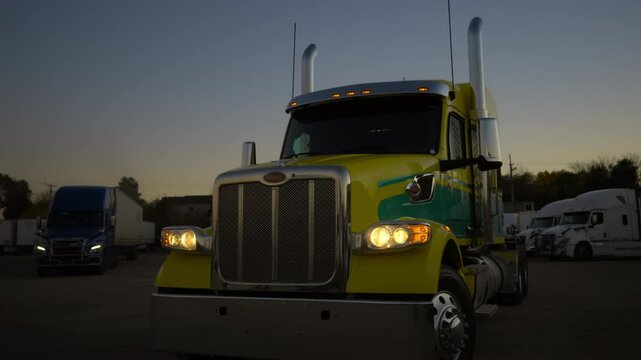 Bight colored semi truck with headlights on in the parking lot at sunrise or sunset time. Stable shoot