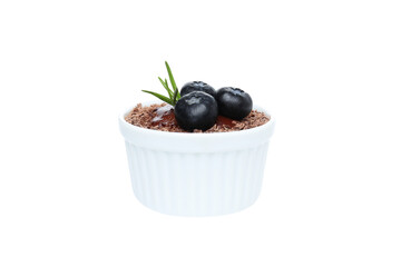 PNG, chocolate mousse with blueberries, isolated on white background.