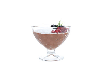 PNG, chocolate mousse in a bowl with a pomegranate, isolated on a white background.